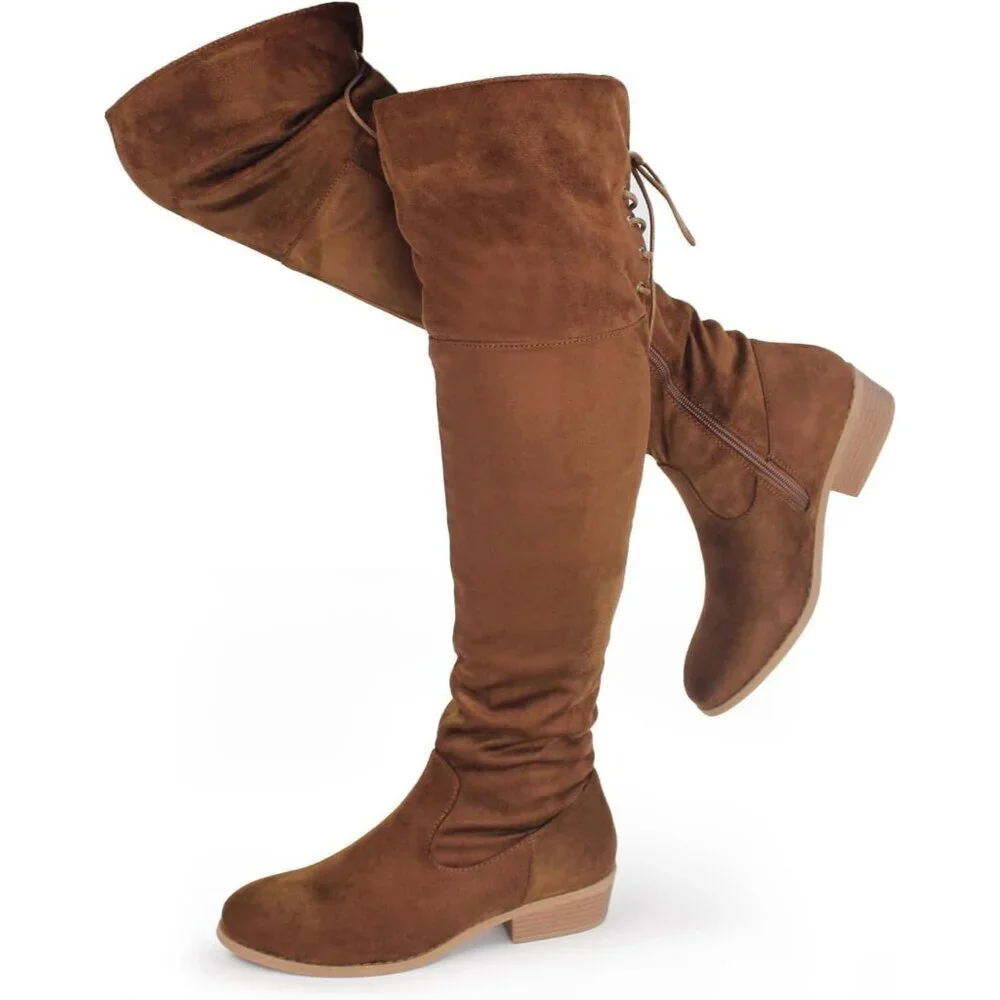 Women's Brown Faux Suede Thigh High Over The Knee Black Low Flat Heel Boots